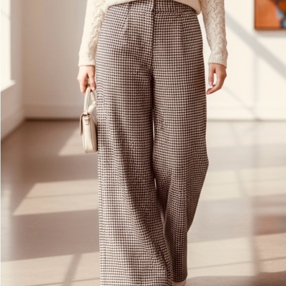 Wide Leg Houndstooth Pants - Neutral Brown